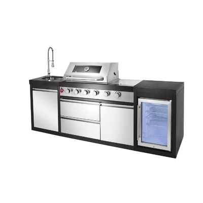 Bucătărie de vară BW411-SI, 2284x583x900 mm, Art Flame, Sistem de siguranță gaz/flacără, 1 dulap cu chiuvetă și robinet de apă, Grătar pe gaz, Frigider pentru vin